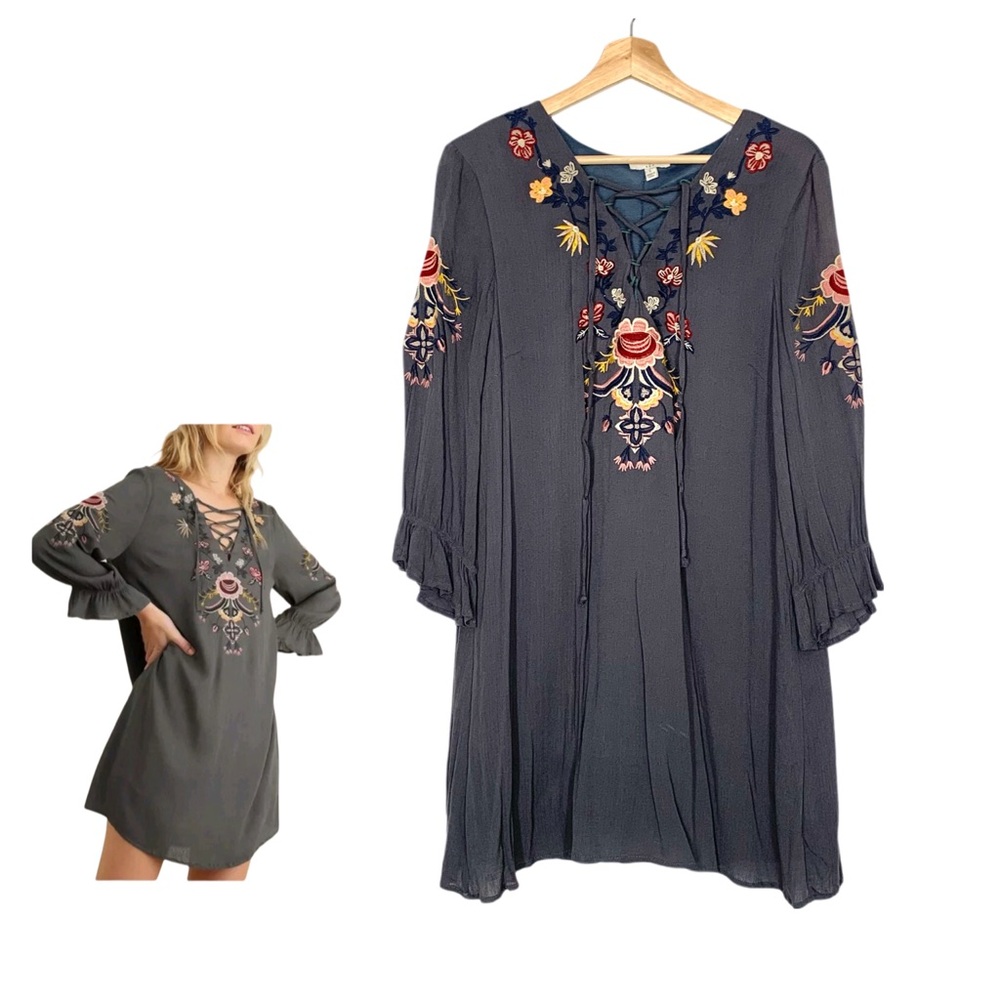 Umgee Women’s Gray Floral Embroidered 3/4 Sleeve Shirt Dress Large Gauzy